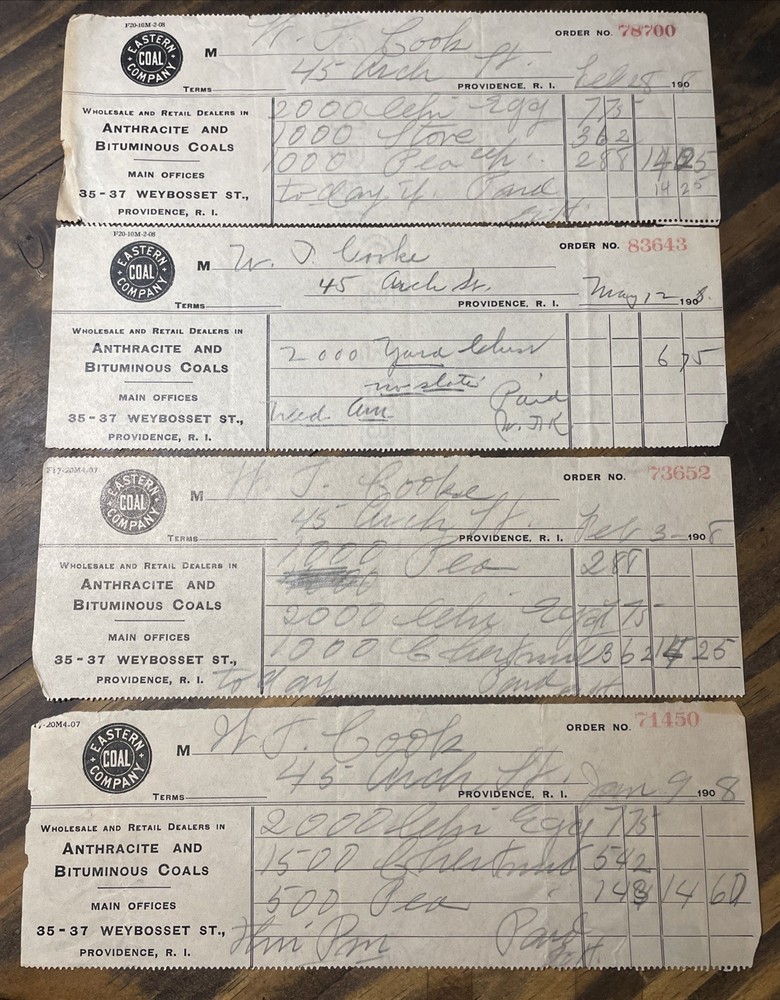 (4) 1908 Eastern Coal Company Providence Rhode Island Receipts 35-37 Weybosset