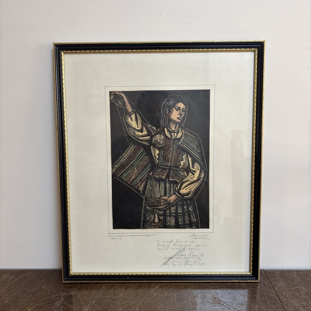 Vintage Bolivian Woodcut Print – “Hilandera” (Spinner), 1971, Signed & Dedicated