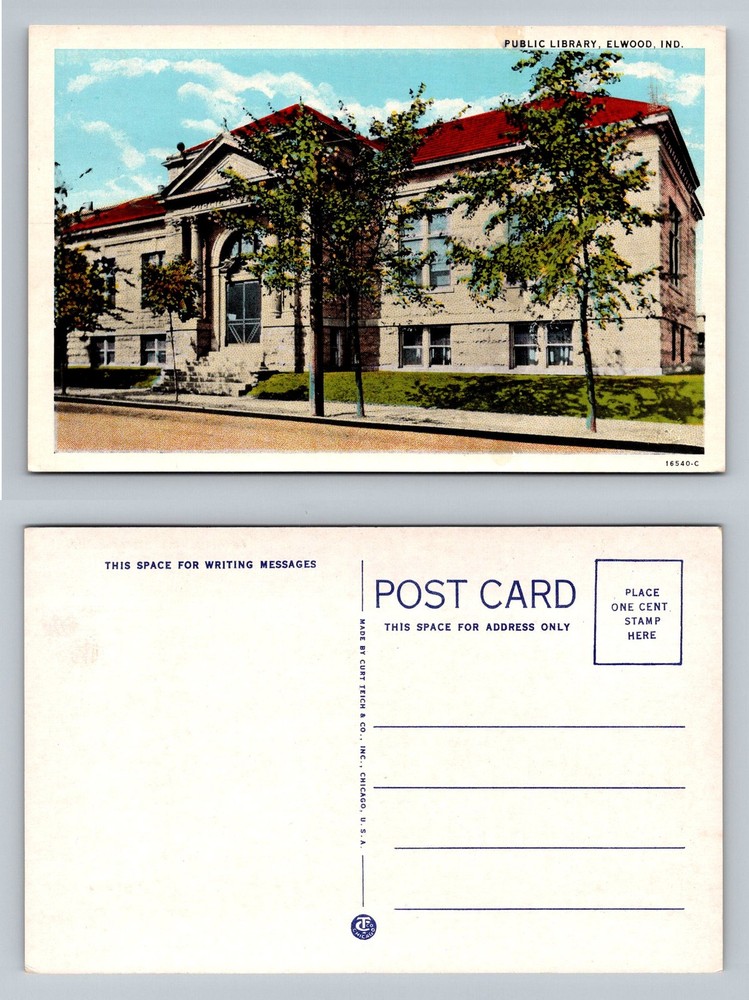 Elwood, IN-Indiana, Public Library Red Roof Stone Building Vintage Postcard