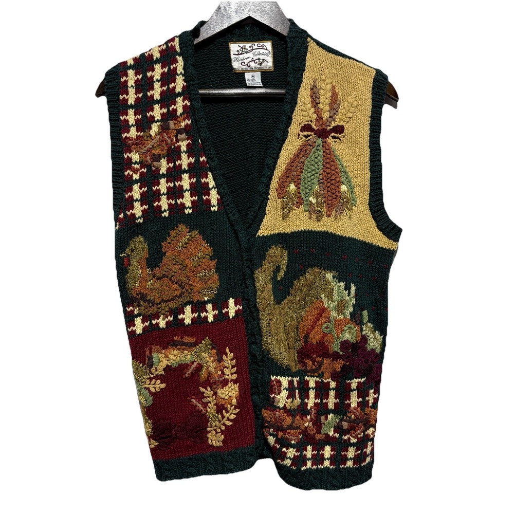 Heirloom Collectibles VTG Sweater Vest Womens M Green Autumn Thanksgiving Knit