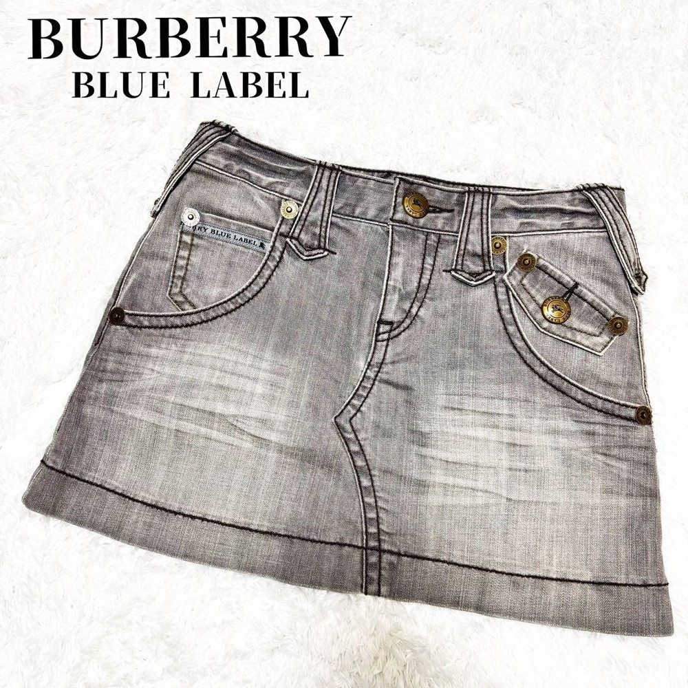 BURBERRY BLUE LABEL Denim Skirt Y2K Horse Logo Women's Fashion Wear