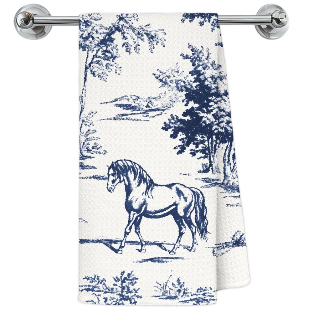 Blue and White Chinoiserie Horse Kitchen Towels, Vintage Blue Toile de Jouy F...