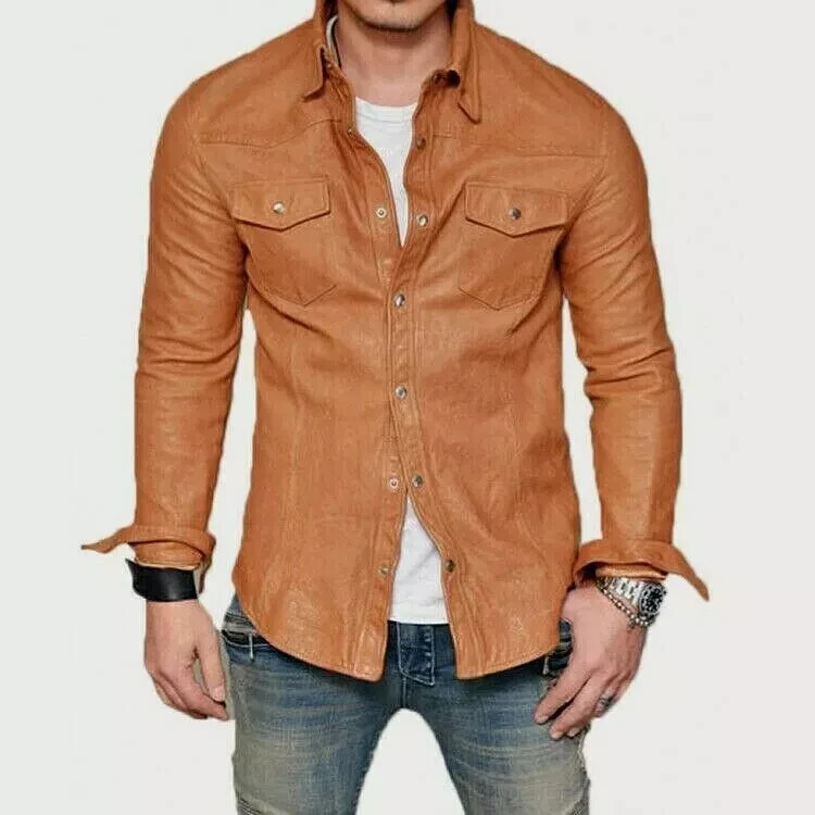 Men's Distressed Vintage Lambskin Leather Biker Jacket Tan Brown