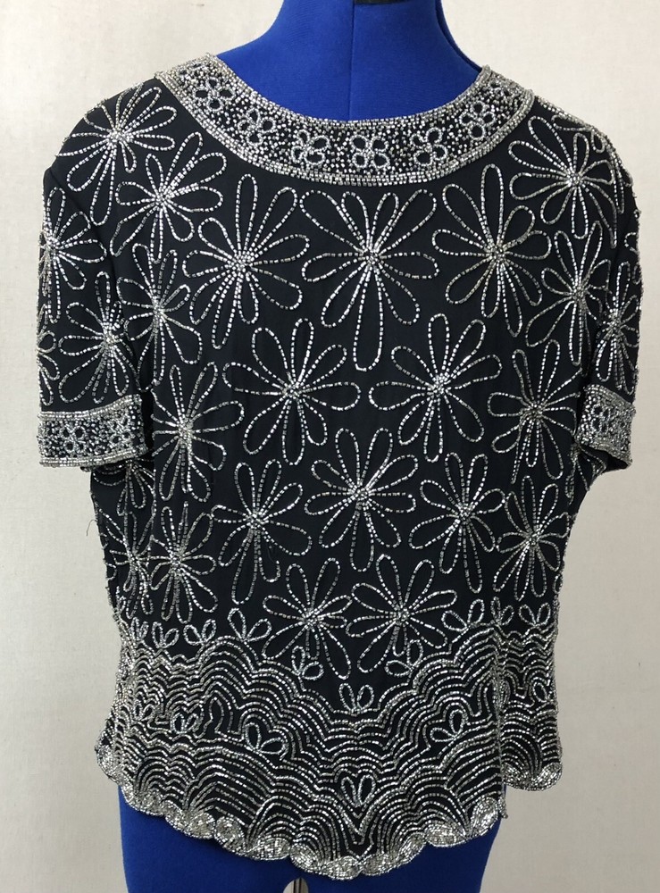 Vtg Papell Boutique Evening Women Beaded Short Sleeve Silk Top Size XL HOLIDAY