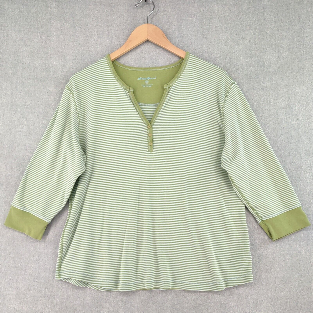 Eddie Bauer Top Womens XXL Green Henley Relaxed Cotton Knit Striped 3/4 Sleeve