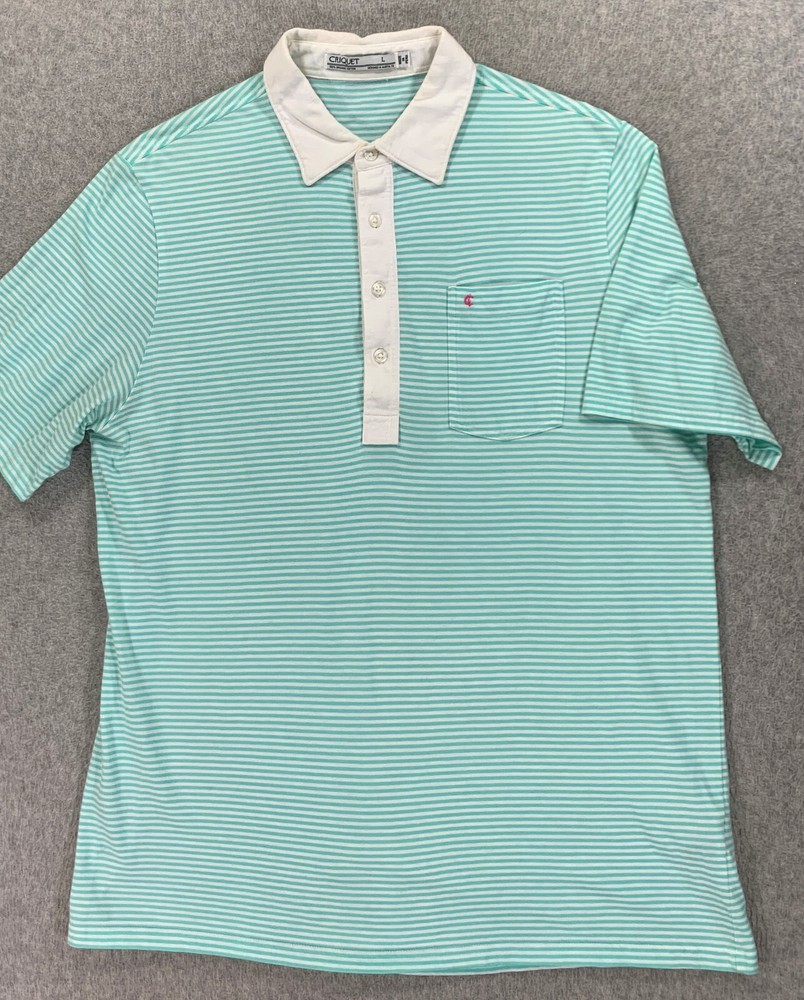 Criquet PLAYERS Cotton Striped Short Sleeve Polo Shirt (Men's Large) Green