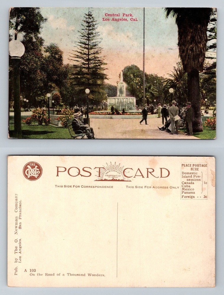 Los Angeles CA-California, Central Park Fountain Scene, Vintage Postcard