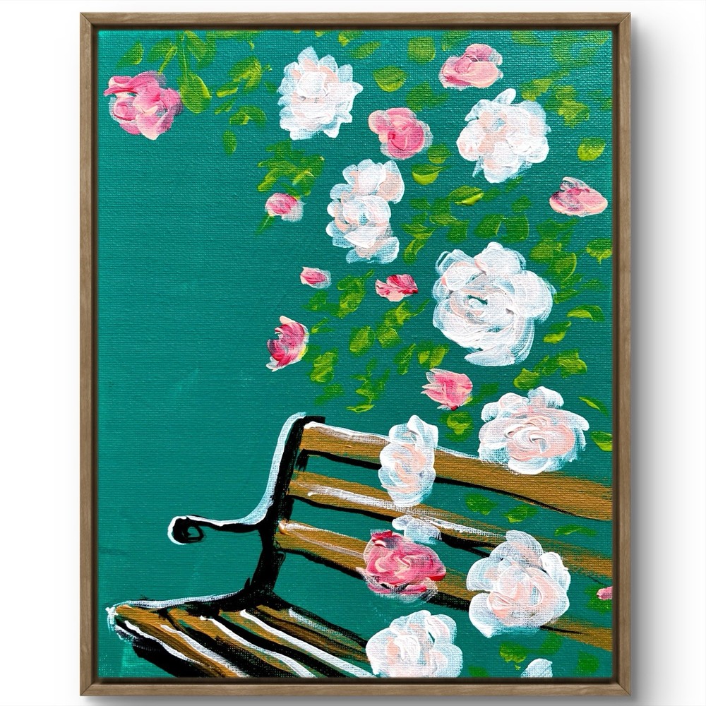 TITA PAINTZ Garden Bench With Roses Hand Painted Wall Art 8x10 Canvas