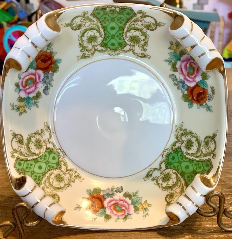 GREEN Hand Painted NORITAKE Floral Cottage Rolled Scroll Edge MCM trinket dish