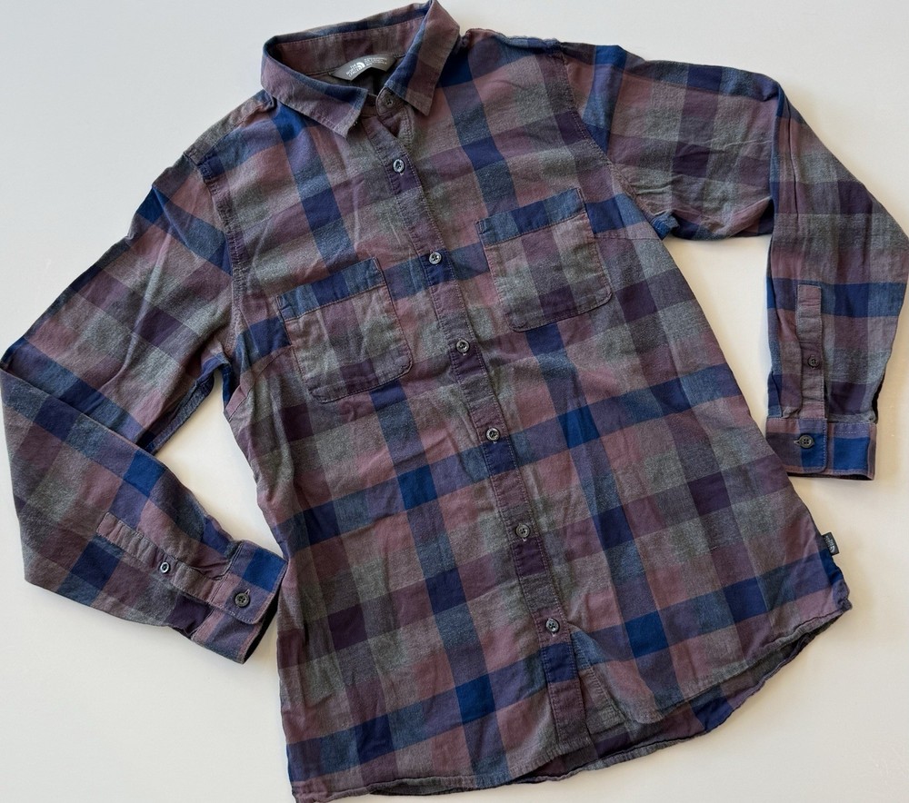 The North Face Women’s M Long Sleeve Button Front Shirt Plaid Blue Grey Purple