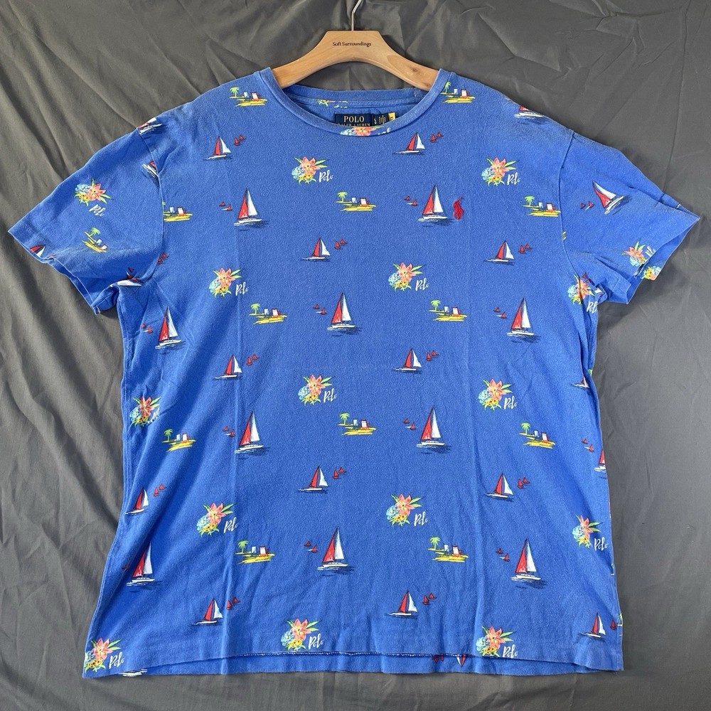 Polo Ralph Lauren T-Shirt Men's Large Blue Short Sleeve Graphic Print Floral