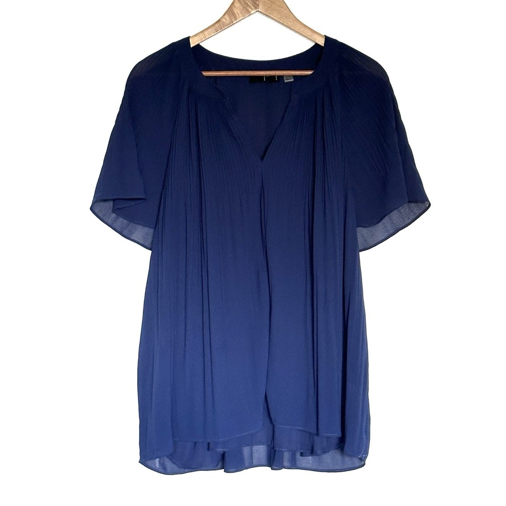 Tahari Plus Shirt Women’s 2X Blue Sheer Short Sleeve V Neck Pullover Blouse Top