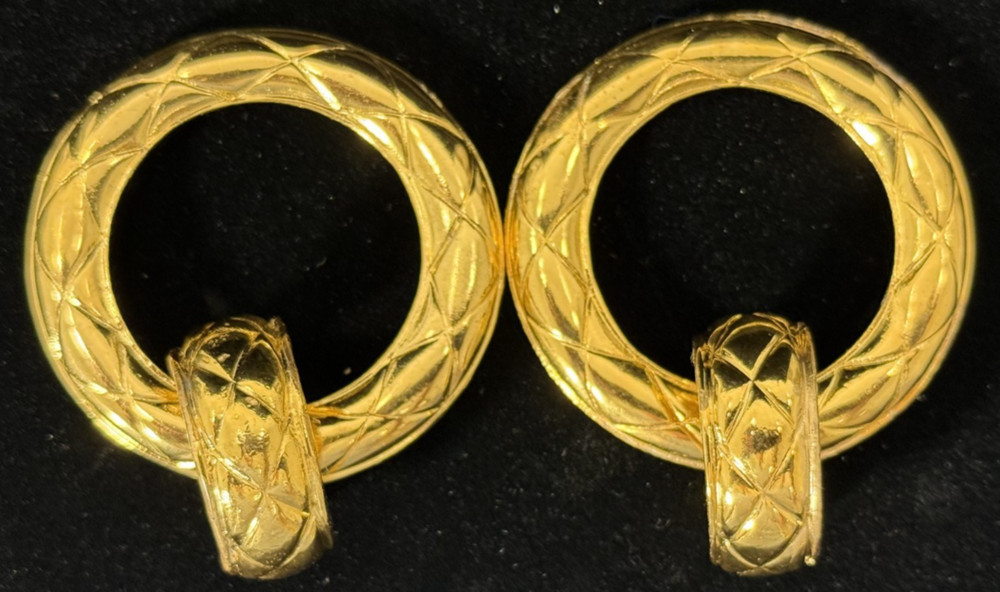 Vintage Chanel Gold Tone Quilted Door Knocker Clip On Earrings 80s France