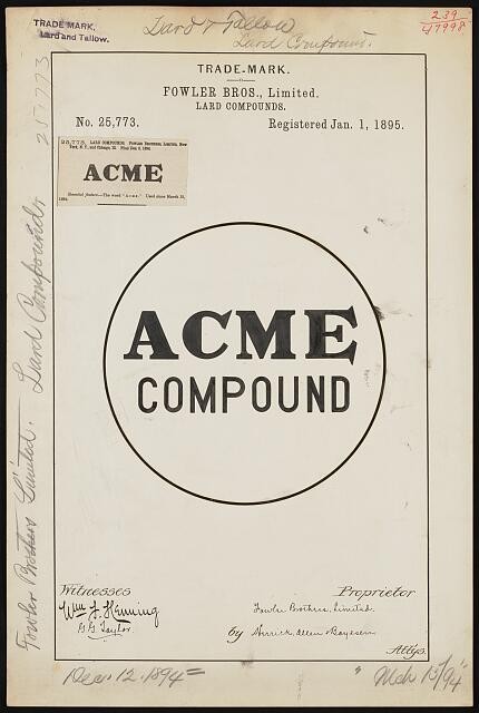 Photo:Fowler Bros., Limited. for Acme Compound brand Lard Compounds