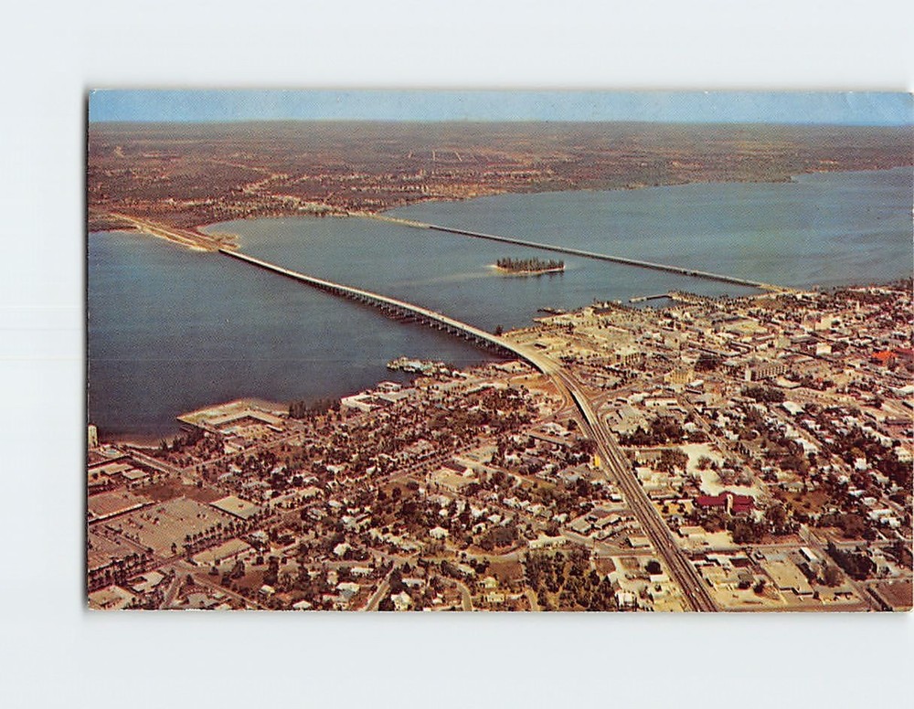 Postcard Aerial View Downtown Fort Ft. Myers Florida Bridge Caloosahatchee River