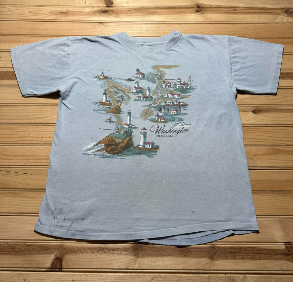Vintage 80s 90s Washington Lighthouses Map Souvenir Travel Shirt USA Made Large
