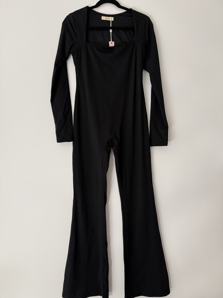 QINSEN Jumpsuits for Women Square Neck Wide Leg Full Length Romper Playsuit L