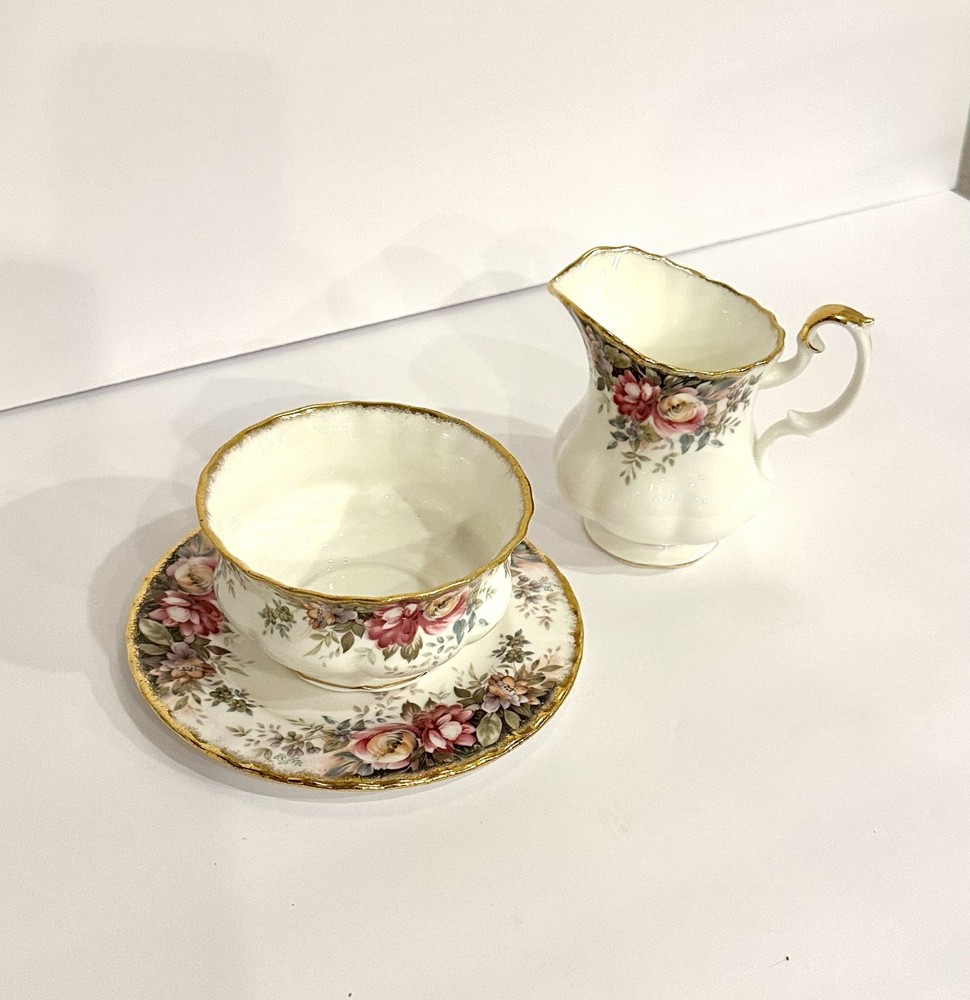Royal Albert Autumn Roses Creamer and Sugar Bowl w/ Saucer Bone China England