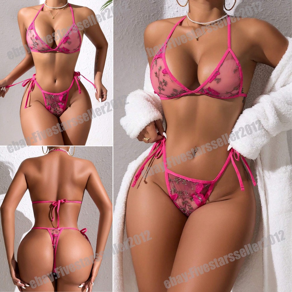 Women Butterfly Lace Sexy Lingerie Bikini G-String Bra Thong Underwear Set Teddy