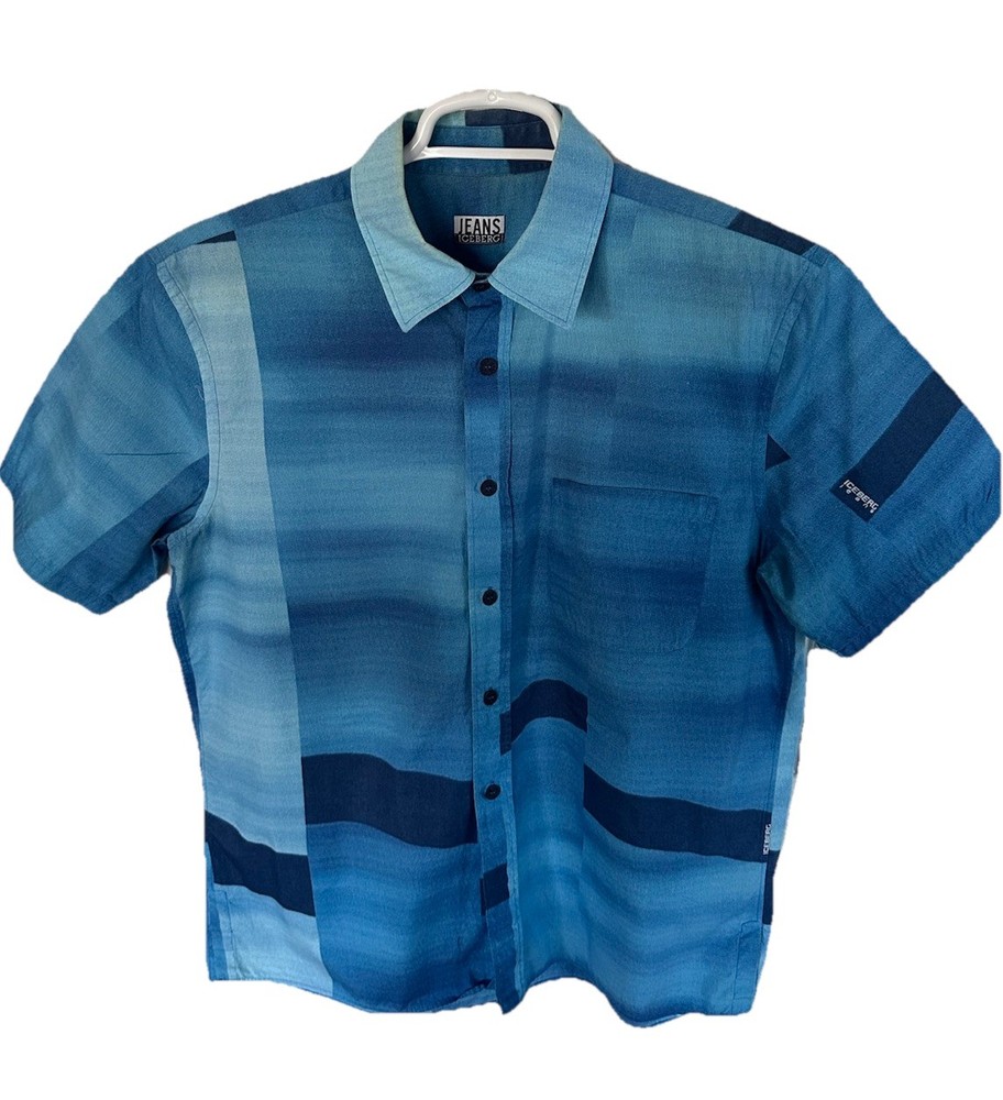 Vintage Iceberg Jeans Shirt Mens XL Blue Spellout Logo Button Up Hip Hop 90s