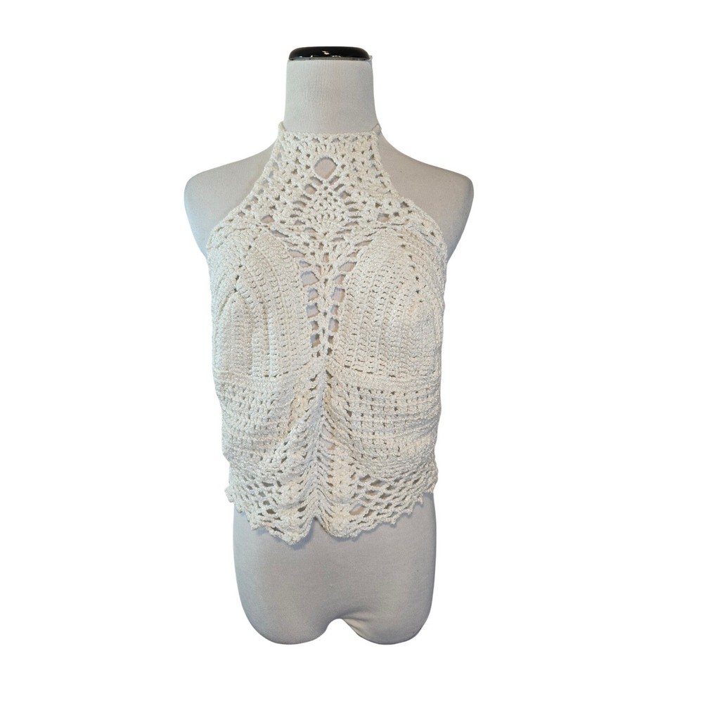 Handmade White Crochet Halter Crop Top Boho Festival High Neck Open Knit Small