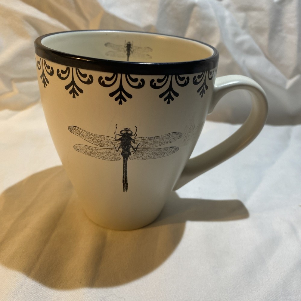 World Market Black and White Dragonfly French Letterpress Coffee Tea Mug