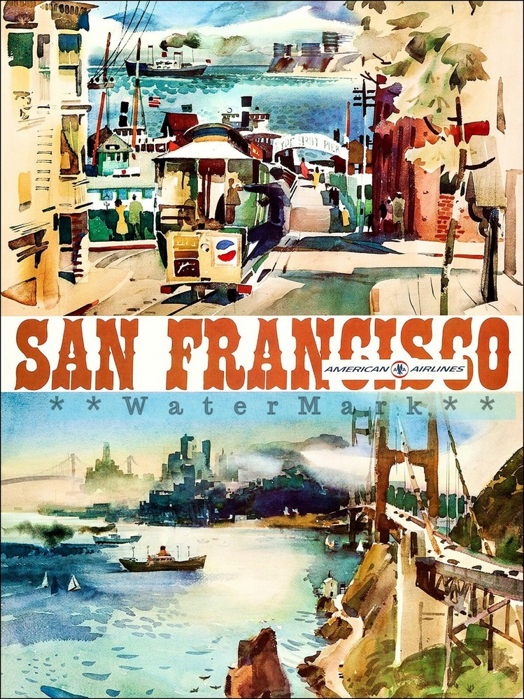 1970s San Francisco Vintage Travel Poster Retro Airline Art Print