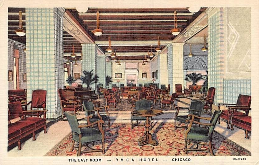 Postcard IL: East Room, YMCA, Chicago, Illinois, Vintage Linen Unposted 1940's