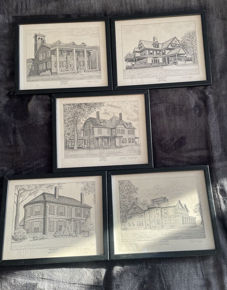 Scott Kippen Set of 5 Framed Realism Architectural Ink Drawings Signed
