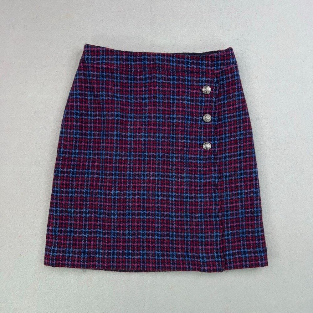 Talbots Womens Purple Pink Plaid Wool Wrap Skirt Scalloped Hem Y2K Office Academia