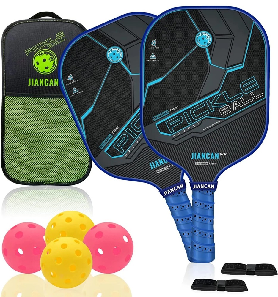 JIANCAN Pro Set Graphite Pickle Ball 2 Paddles Lightweight Carbon Fiber 4 Balls