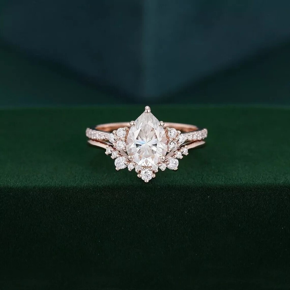 14K Rose Gold Plated 2.30Ct Pear Cut Simulated Diamond Wedding Bridal Ring Set