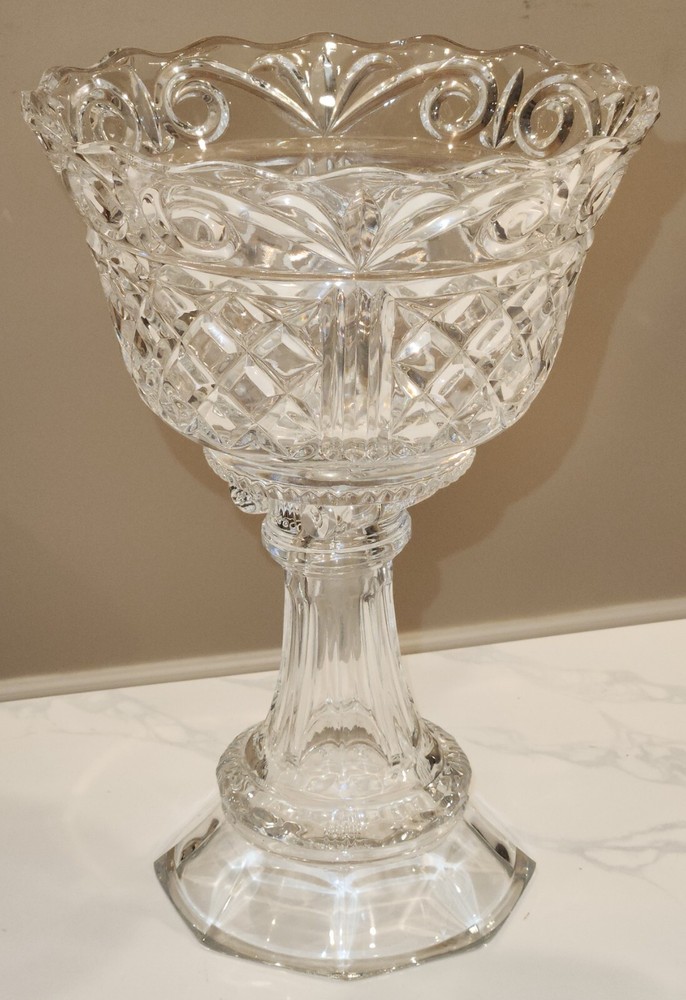 PRE-OWNED Vintage heavy Cut Glass Pedestal Bowl Compote Centerpiece 13” Tall