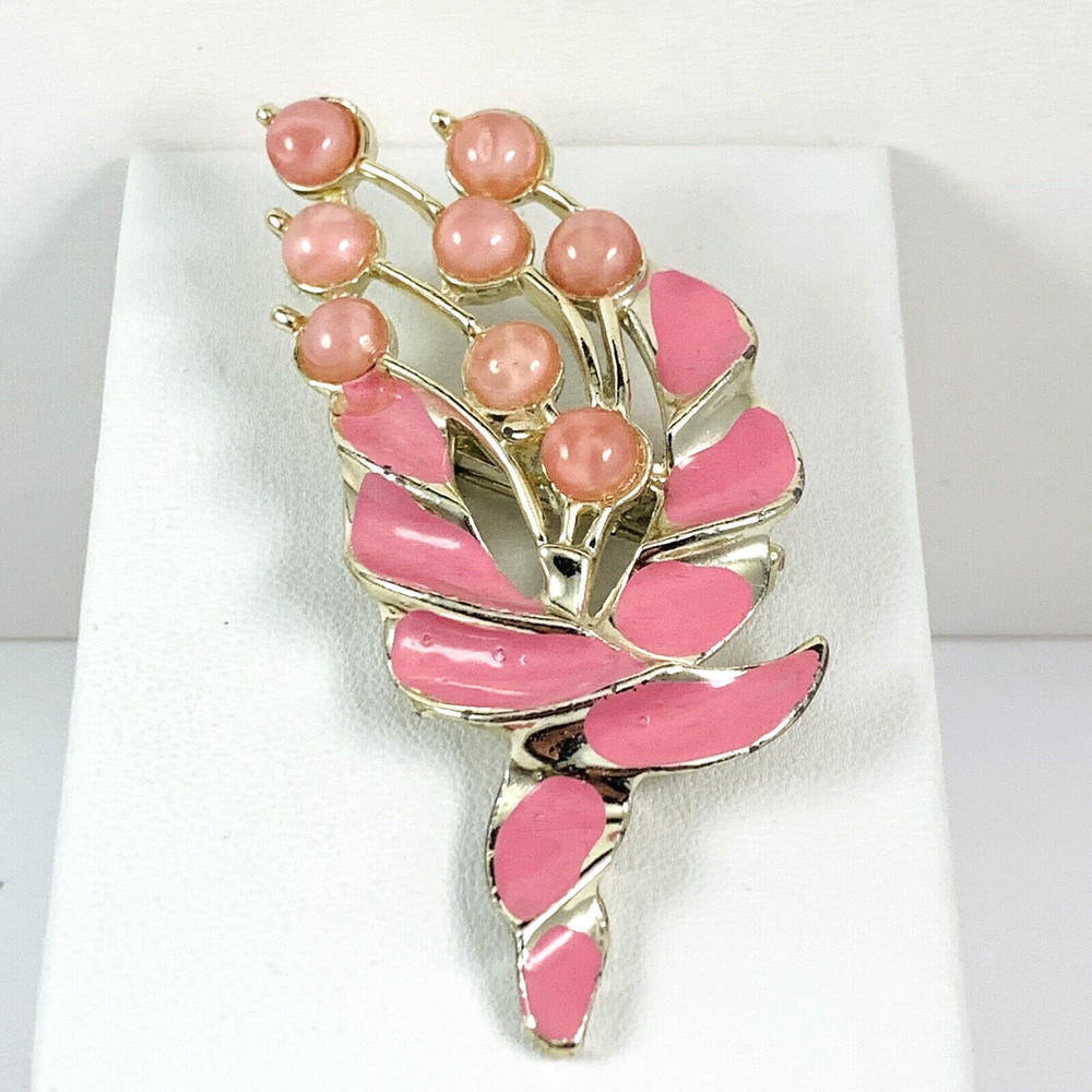 Vintage Pink Enameled Moonglow Cabochon Silver Tone Flower Brooch Spring Easter