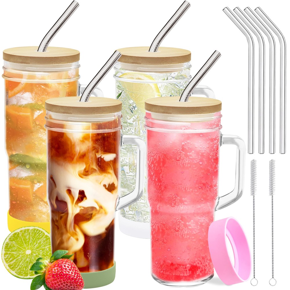 Paquete de 4 vasos de vidrio de 24 oz mango tapas de bambú pajitas - tarro de albañil reutilizable Dr