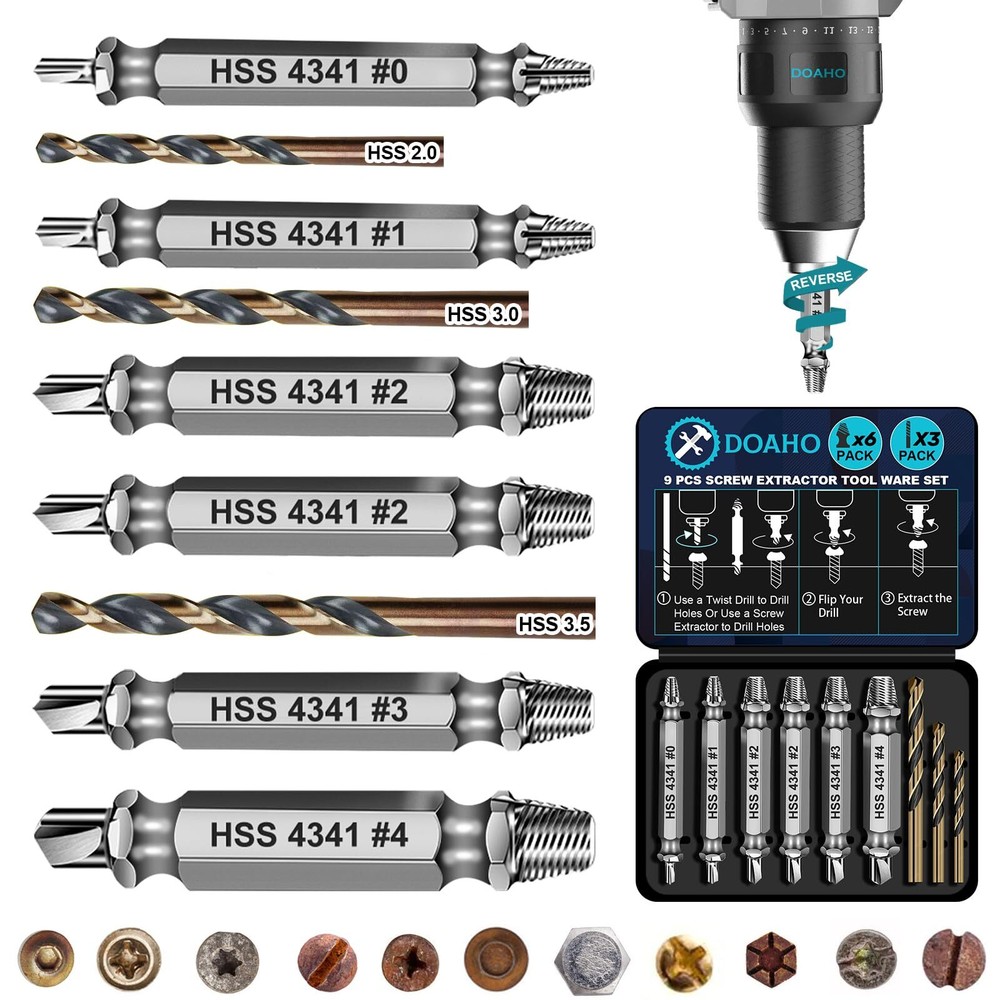 DOAHO 9-Piece Damaged Screw Extractor Set with 6 HSS 4341 Remover Bits