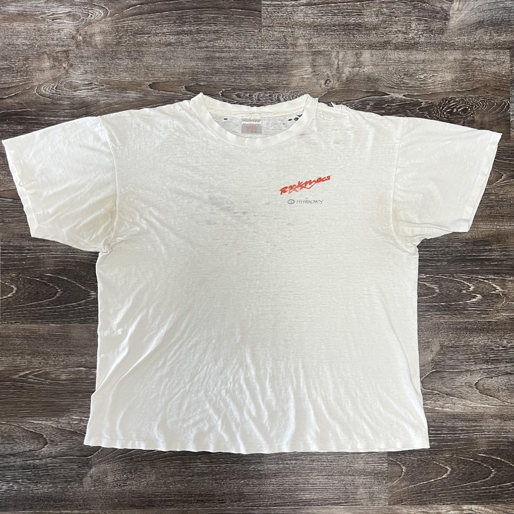 Vintage Rocmocs Shirt Mens XL White HH Brown Graphic Tee 90s Distressed Thrashed