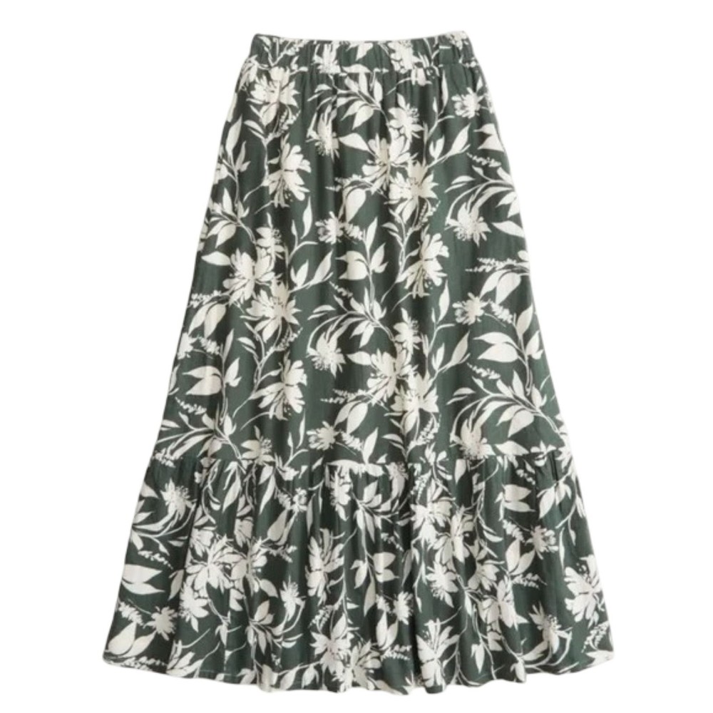 Abercrombie NWOT Linen Blend Tiered Maxi Skirt Green Floral Cottagecore Sz M