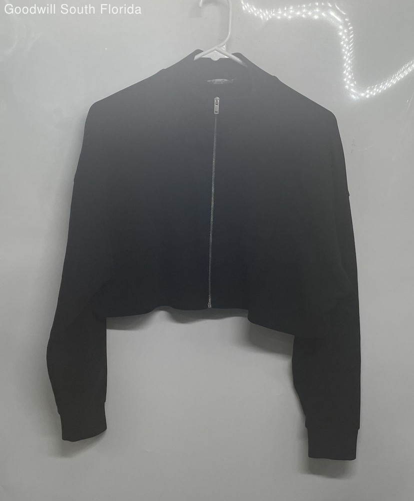 Zara Womens Black Long Band Sleeve Mock Neck Full-Zip Cropped Top Size M