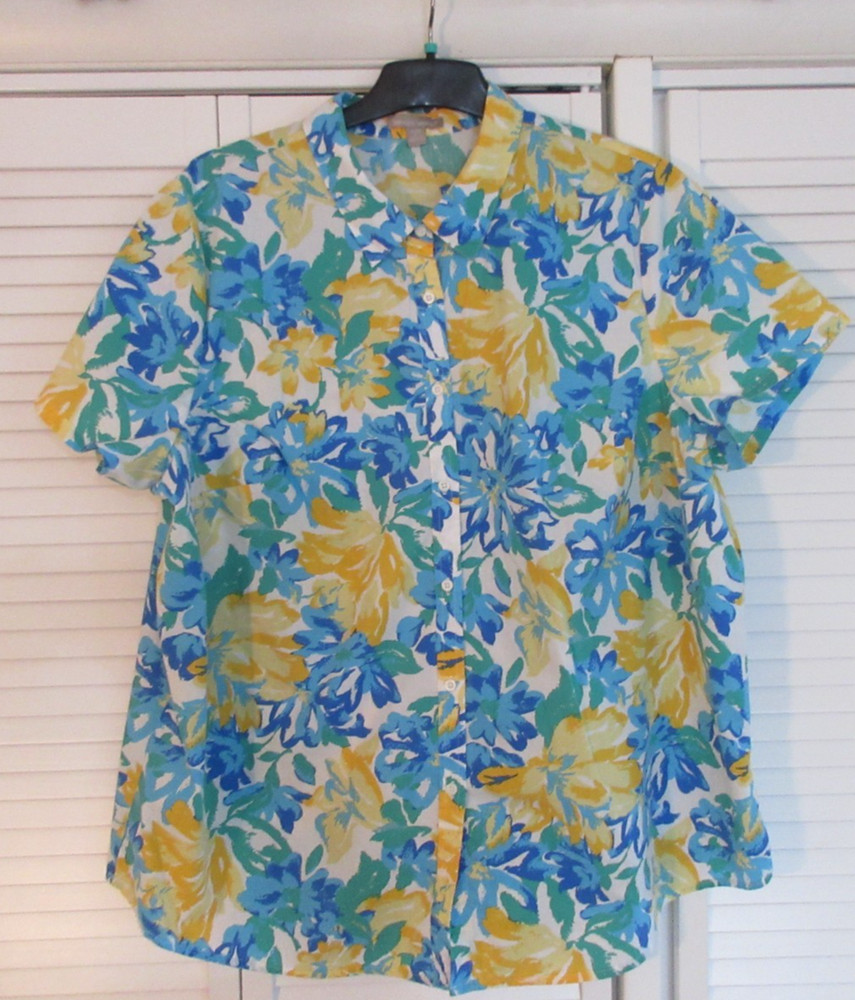 WOMAN WITHIN Sz 2X (26/28) White w/Blue Aqua Yellow Flowers Short Sleeve Blouse