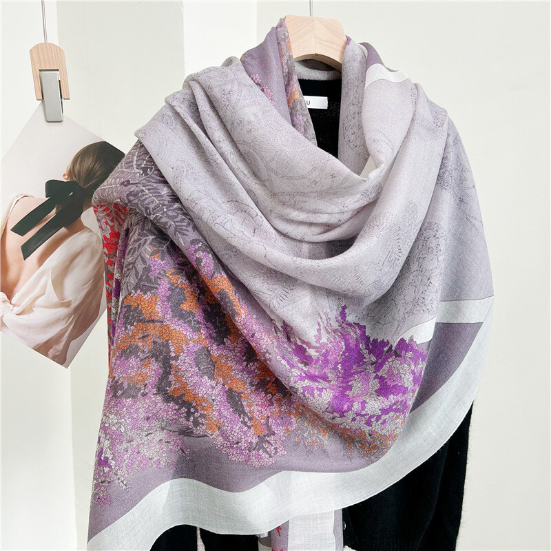 Pure 300s Cashmere Scarf Wrap Shawl Tree Print Thin Soft Purple 78