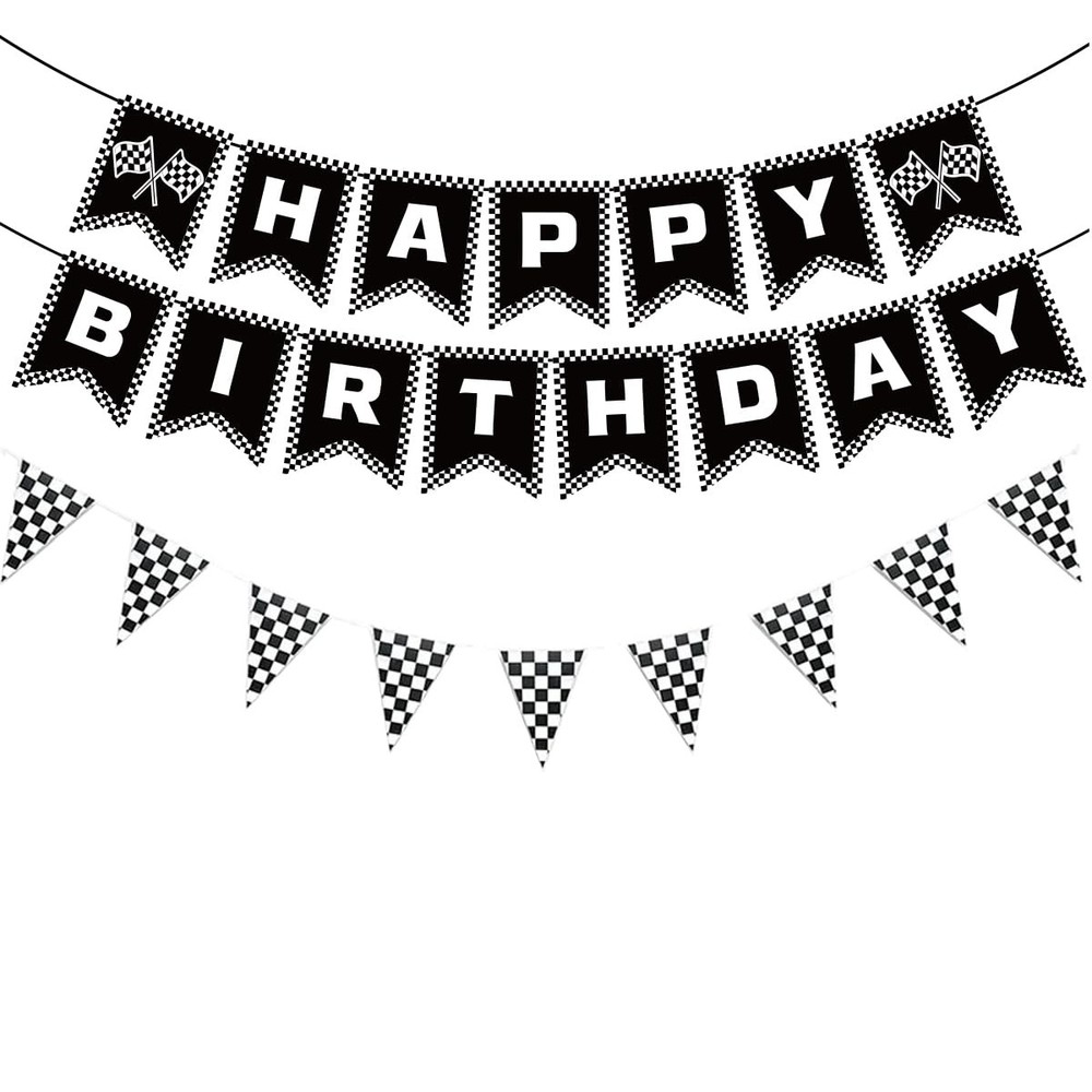 Black and White Checkered Flags and Race Car Happy Birthday Banner, Racing Ch...