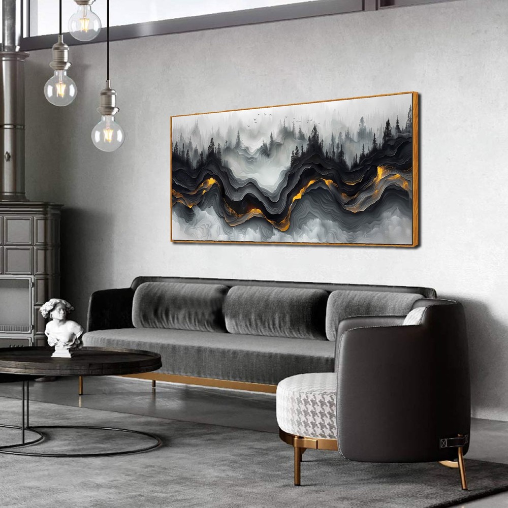 Black and White Wall Art Forest Wall Decor Abstract Artwork Mountain Canvas P...-image