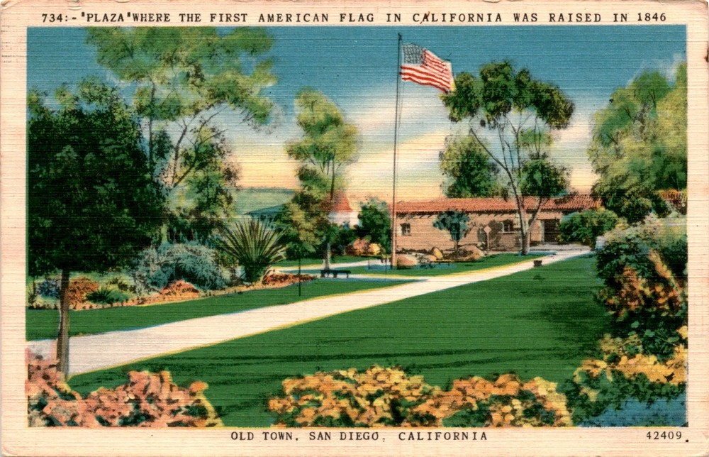 PLAZA, OLD TOWN, SAN DIEGO, CALIFORNIA, AMERICAN FLAG Postcard