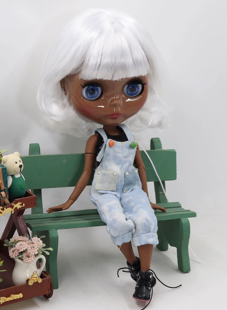 Neo Blythe Doll with White Hair and Shiny Black Skin DBS Toy Gift