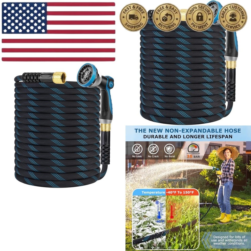 Non-Expanding Garden Hose 100 ft, Kink Free Flexible Water Hose with 10-Pattern