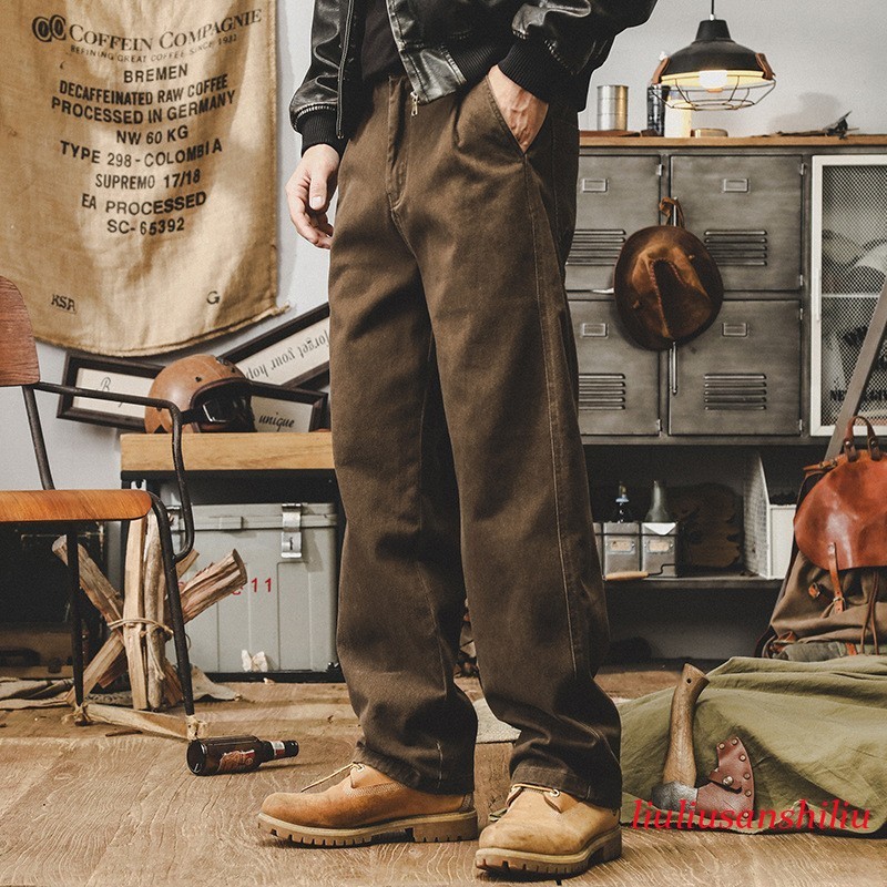 Retro American Style Mens Straight Pants Trousers Cargo 100% Cotton Spring Loose