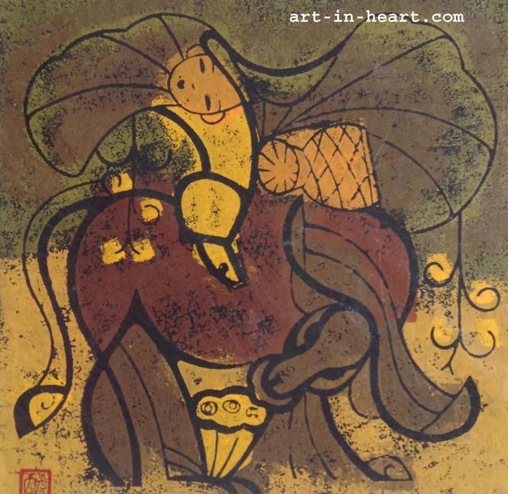 Nguyen Cong Quang Vietnamese abstract children and his buffalo Graphic painting-image