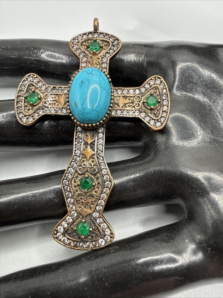 Vtg Stunning 925 Sterling Mix Metal Howlite, Emerald CZ Cross Pendant.12.4 Grams