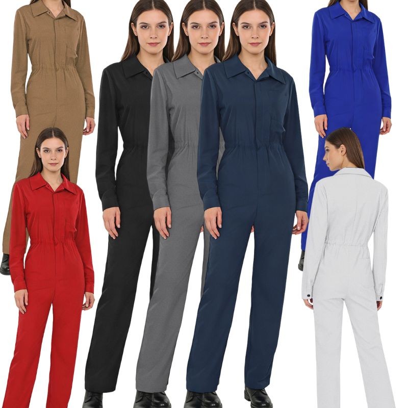 Womens Button Coverall Utility Long Sleeve Overalls Work Office Uniforms Romper